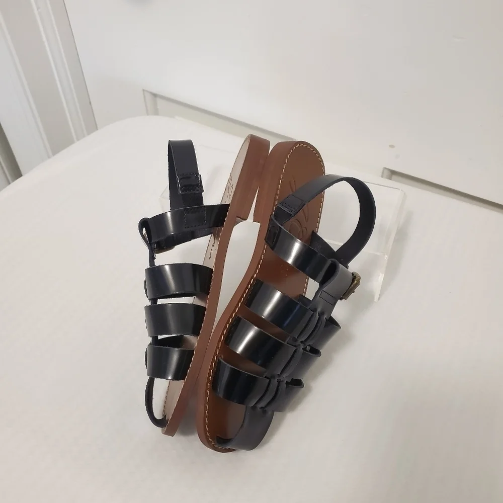NWOB J. Crew Fisherman Spazzolato Shiny Black Leather Sandals Size 5